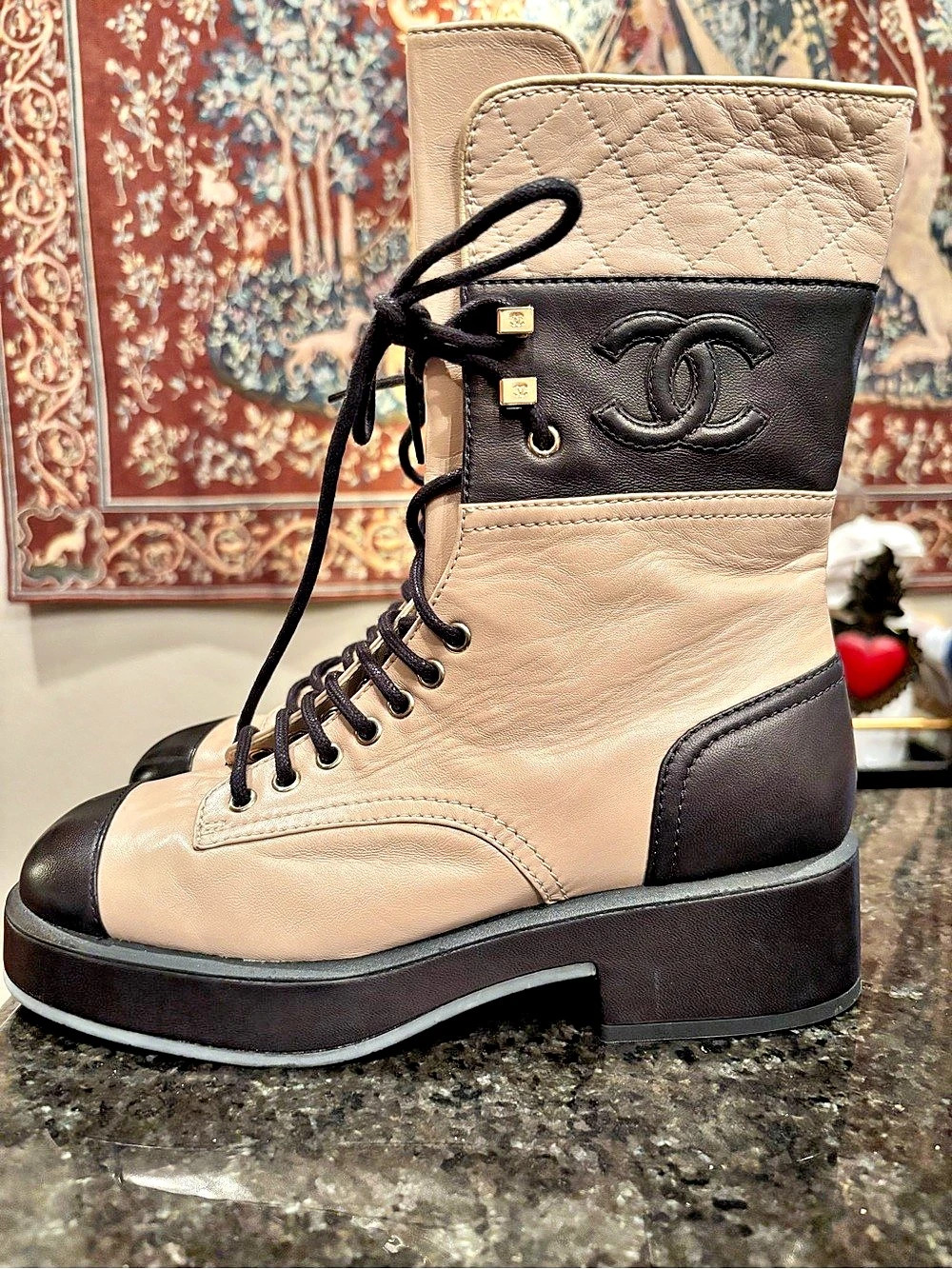 RARE Authentic Chanel Quilted CC Logo Lace-Up Boots Beige & Black EU 37